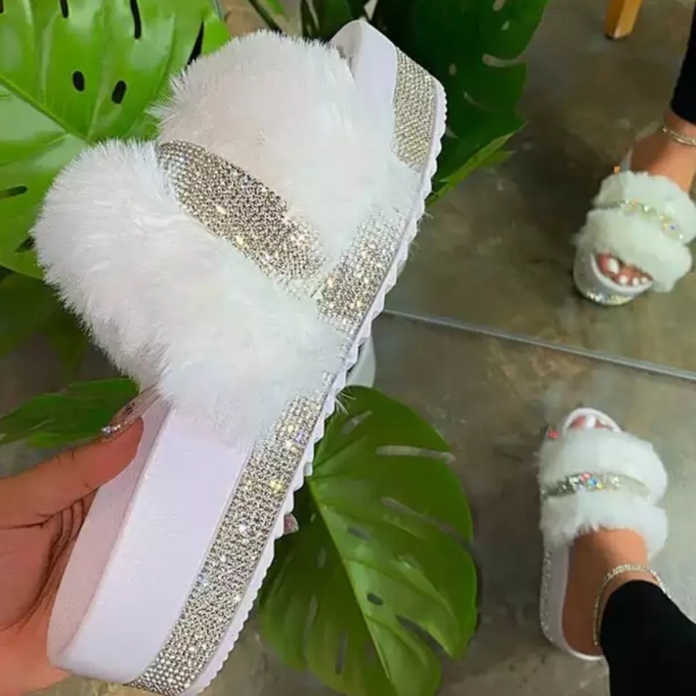 Furry rhinestone sandals